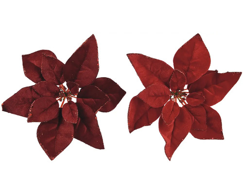 Poinsettia röd 28cm blandade utföranden Två röda konstgjorda julstjärnor med blad