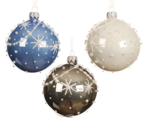 Julgranskula glas snöflinga blandade färger Tre julgranskulor med snöflingamönster