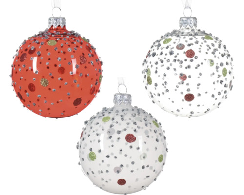 Julgranskula glas glitter blandade färger Tre dekorativa julgranskulor med prickigt mönster