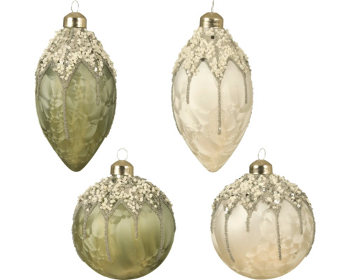 Fyra dekorativa julgranskulor i kul- och droppform med dekorativa pärlor