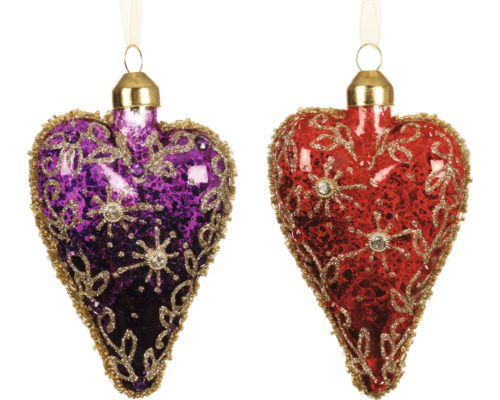 Juldekoration hjärta glas glitter diamanter blandade färger Två hjärtformade julgranskulor i rött och lila med guldfärgade dekorationer och upphängningsanordning