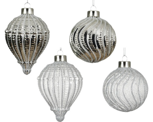 Julgranskula glas glitter swirl blandade färger Fyra silverfärgade julgranskulor med olika mönster