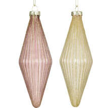 Två rombformade julgranskulor i glas med guldfärgade ränder