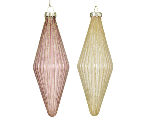 Juldekoration oliv glas glitter linjer blandade färger Två rombformade julgranskulor i glas med guldfärgade ränder