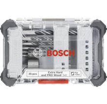 Bosch logotyp. 35-delars borr- och skruvbitsats för trä i transparent plastlåda.