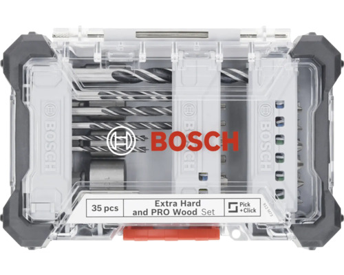 Bosch logotyp. 35-delars borr- och skruvbitsats för trä i transparent plastlåda.