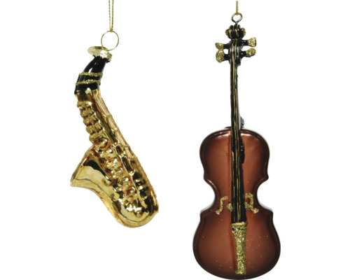 Julgranshänge instrument glas glitter brun blandade utföranden Saxofon och fiol som julgransdekorationer
