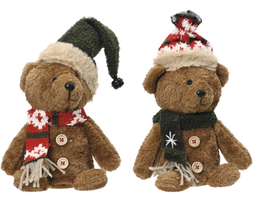 Två teddybjörnar med mössa och halsduk som vinterdekoration