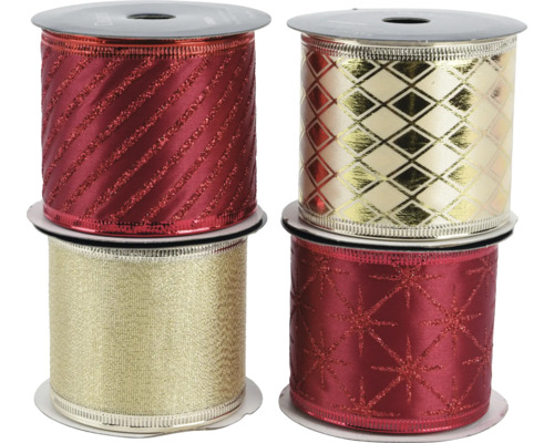 Band polyester blandade färger Fyra rullar mönstrat dekorativt band.