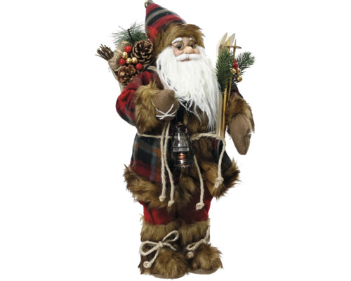 Jultomtefigur med rutig hatt, skägg, lykta och skidor som dekoration