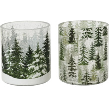 Två värmeljushållare i glas med vinterlandskapsmotiv.