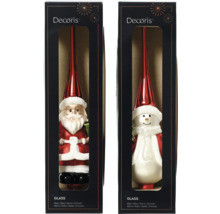 Julgransdekorationer i glas, jultomte och snögubbe i förpackning