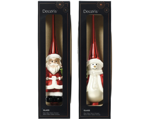 Juldekoration treetopper glas röd blandade utföranden Julgransdekorationer i glas, jultomte och snögubbe i förpackning