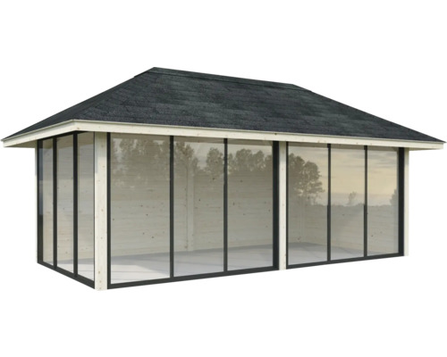 Trädgårdshus i trä med glasväggar och tegeltak