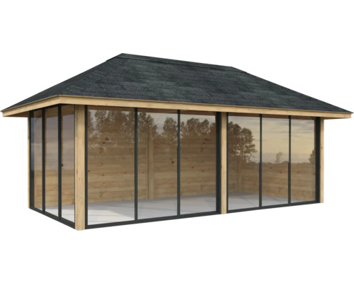 Paviljong PALMAKO Bianca Slide 16,6m² set 202 588x300cm doppimpregnerad brun Fristående paviljong med träram, glasväggar och tegeltak