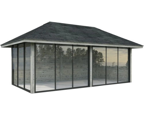 Paviljong PALMAKO Bianca Slide 16,6m² set 202 588x300cm doppimpregnerad grå Trädgårdspaviljong med glasväggar och tegeltak