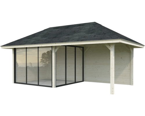 Trädgårdshus med skjutdörr och tak av bitumen