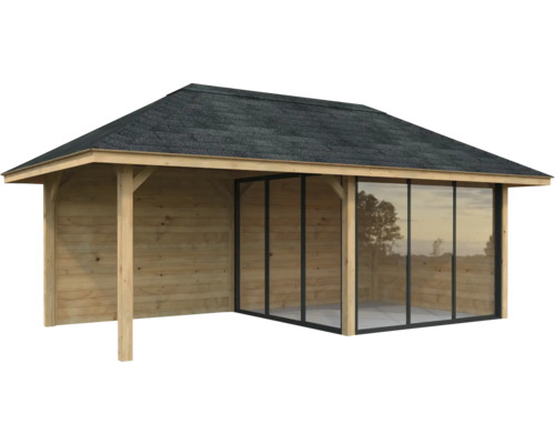 Paviljong PALMAKO Bianca Slide 16,6m² 588x300cm set 205 doppimpregnerad brun Trädgårdshus i trä med glasfront och takspån
