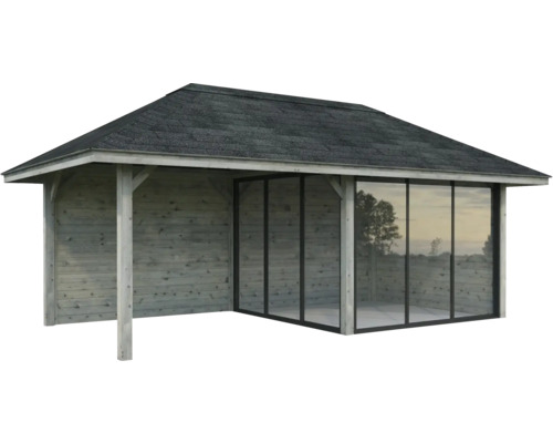 Paviljong PALMAKO Bianca Slide 16,6m² 588x300cm set 205 doppimpregnerad grå Trädgårdspaviljong i trä med tak och glasfront