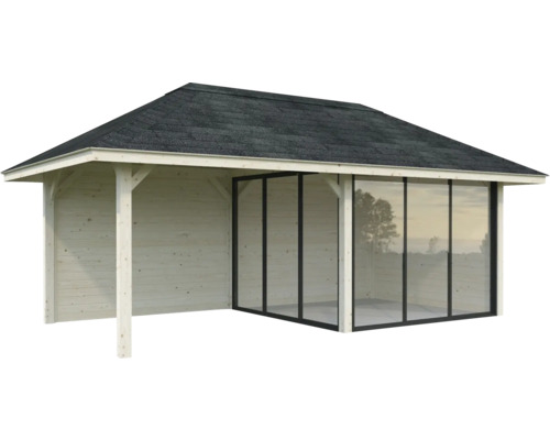 Trädgårdshus i trä med glasfront och sadeltak
