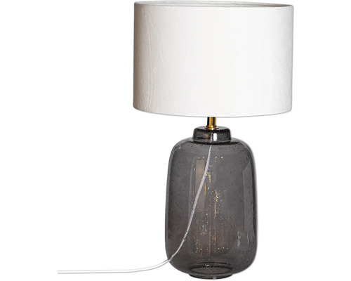 Bordslampa med grå glasfot och lampskärm