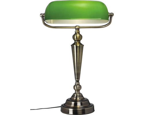 Bordslampa med grön skärm och mässingsfot