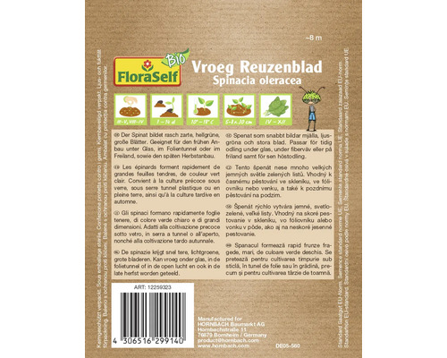 FloraSelf Ekologiska spenatfrön Vroeg Reuzenblad för odling utomhus och i växthus