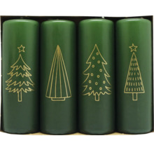 Fyra gröna stubbljus med gyllene julgransmotiv