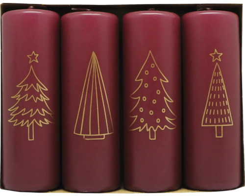 Fyra lila blockljus med gyllene julmotiv