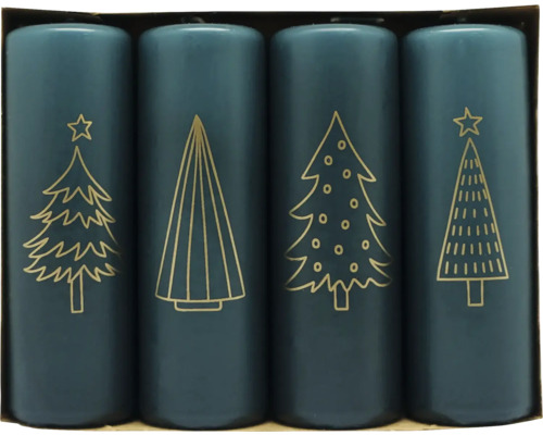 Adventsljus granar Ø4x12,2cm 4-pack petrol Fyra blå stubbelys med gyllene julgransmotiv i en förpackning.