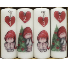 Adventsljus med dvärgmotiv, numrerade från ett till fyra