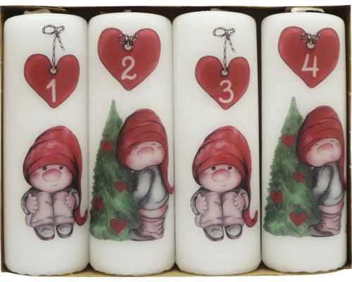 Adventsljus med dvärgmotiv, numrerade från ett till fyra