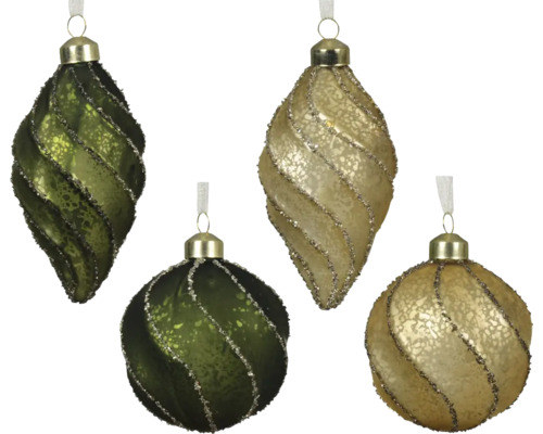 Fyra julgranskulor med spiralformad dekor