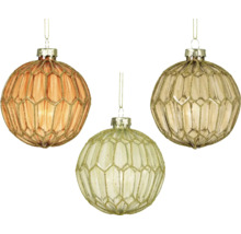 Tre dekorativa julgranskulor med glitter nätstruktur
