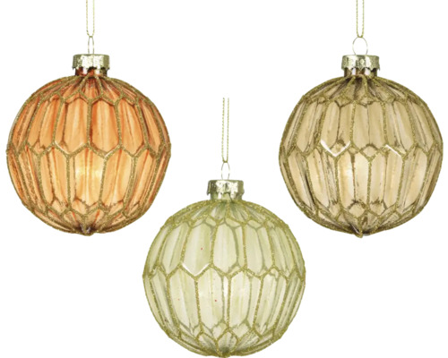 Tre dekorativa julgranskulor med glitter nätstruktur