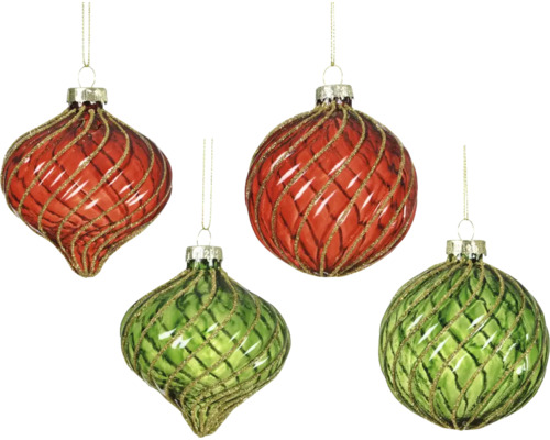 Fyra julgranskulor i röda och gröna toner med vriden dekor