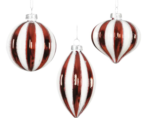 Tre randiga julgranskulor i olika former för upphängning