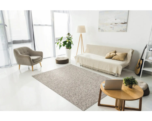 Vardagsrum med matta, fåtölj, soffa och soffbord i ljus design