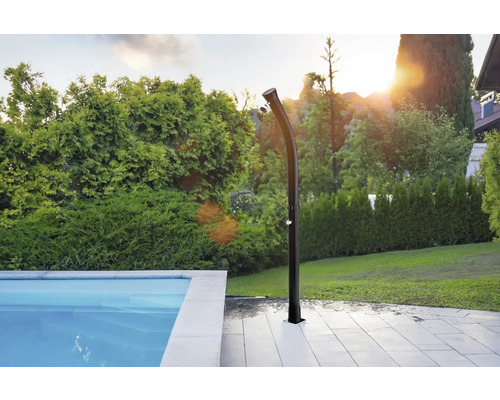 Trädgårdslandskap med pool och utomhusdusch