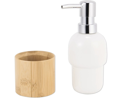 Tvålpump och tandborstmugg av keramik och bambu