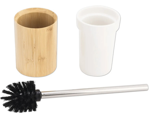 Badrumsset med toalettborste, tandborstmugg i bambu och behållare