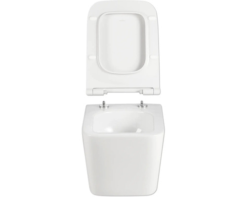 Vägghängd toalett med djup spolning, öppen spolkant och toalettsits