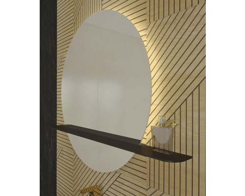 Rund spegel med hylla i badrummet