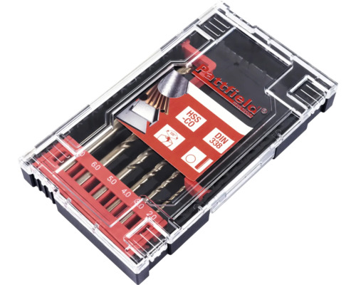 Metallborrset med olika storlekar i plastlåda