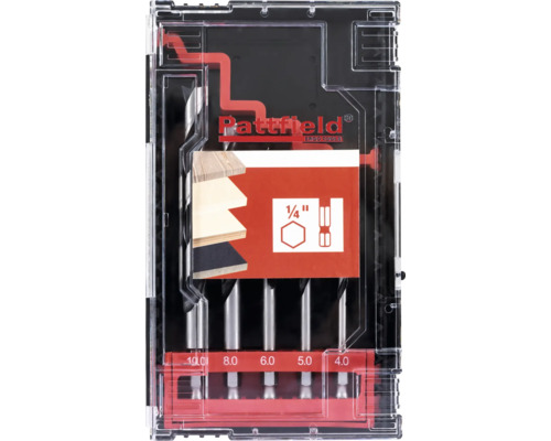 Pattfield träborrset med fem delar i en transparent förvaringsbox