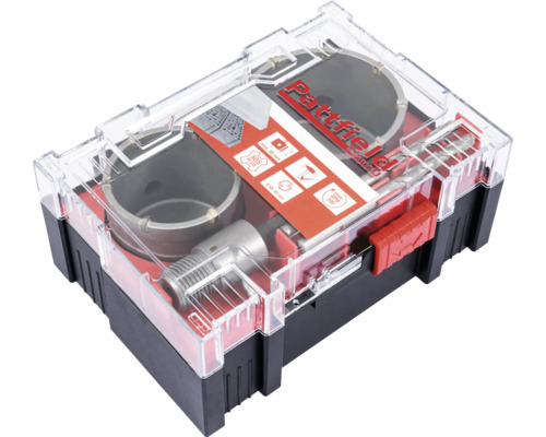 Pattfield hålsågset för kakel med olika hålsågar och SDS-Plus-skaft i förvaringslåda