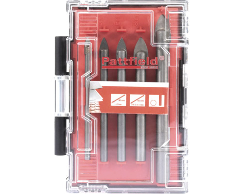 Pattfield glasborrsats med olika storlekar i en transparent plastlåda