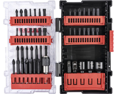 Bitset med olika skruvmejselbitar och hylsnycklar i en väska