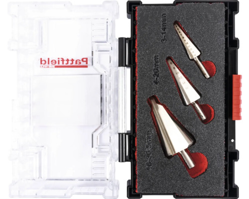 Stegborrsats med tre verktyg i en väska