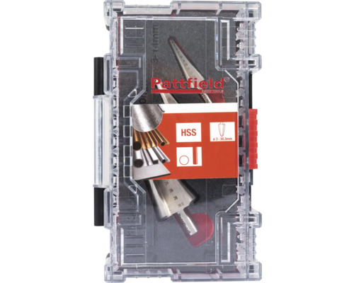 Rattfield logotyp i set med koniska borrar av snabbstål i transparent låda